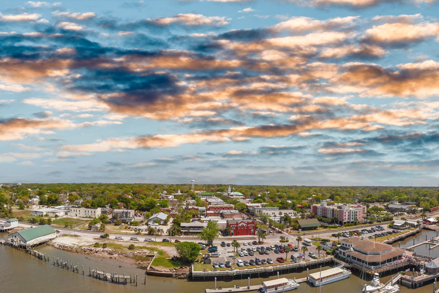 Amelia Island in Fernandina Beach, Florida. Aerial panoramic view at sunset. Photo credit ShutterStock.com, licensed.