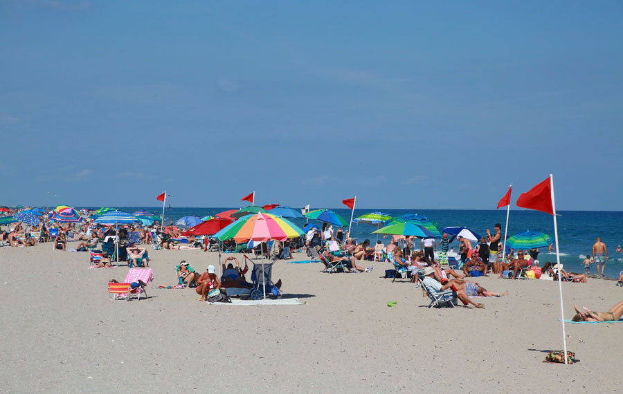 Sunbathers under colorful umbrellas line up on the beach in a clear sunny afternoon. Editorial credit: Mike Kuhlman / Shutterstock.com, licensed.