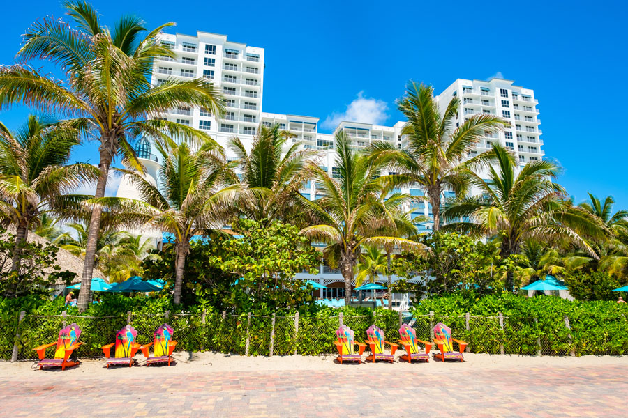 Cityscape view of the Margaritaville Resort, a popular tourist destination in Broward County. Hollywood Beach, Florida - July 6, 2017. 