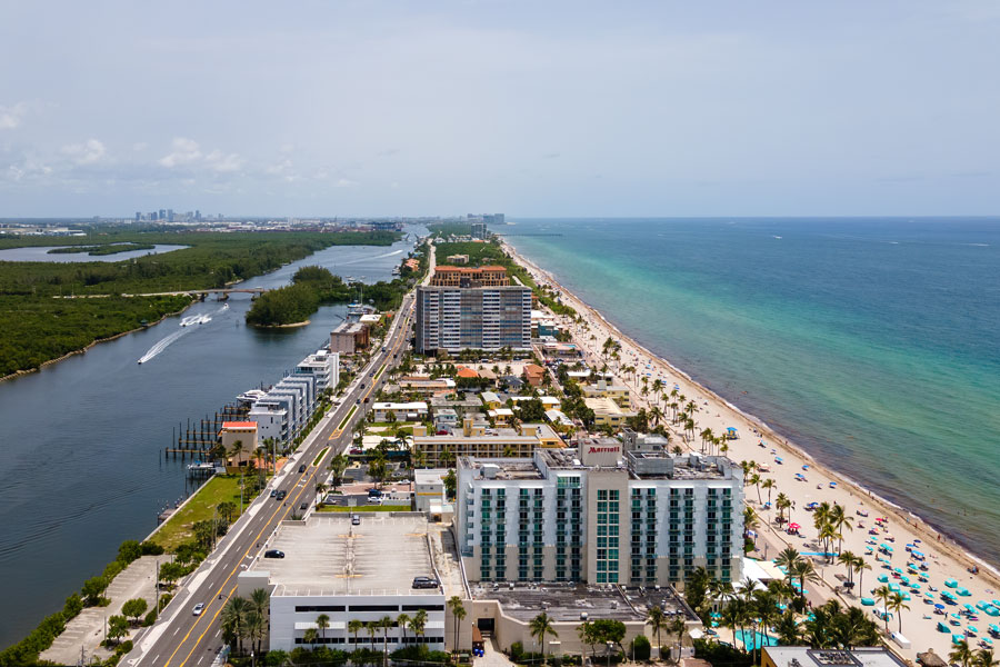 Aerial view on Hollywood Beach boulevard, North Hollywood Beach coastline. Marriott International Hotel at Hollywood Beach. Hollywood, Florida, June 28, 2020. 