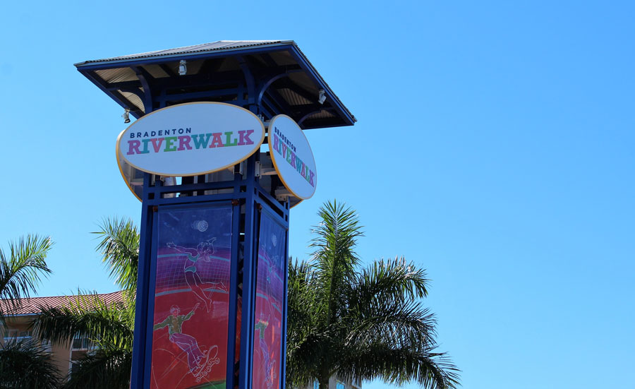 Riverwalk Sign on The Manatee River in Bradenton, Florida. November 17, 2018. Editorial credit: Linda White Wolf / Shutterstock.com, licensed.