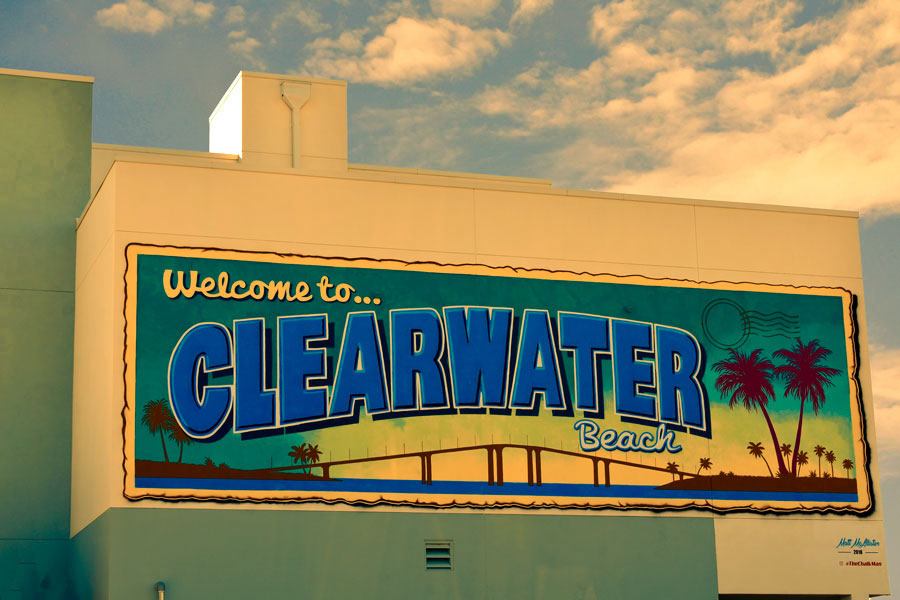 Welcome to Clearwater Beach wall mural in Piere 60 area. Clearwater Beach, Florida. October 18, 2018. 