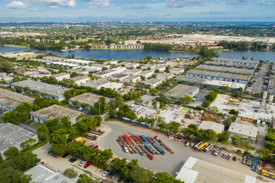 Aerial drone photo industrial warehouses and business district Coconut Creek Florida. Photo credit ShutterStock.com, licensed.