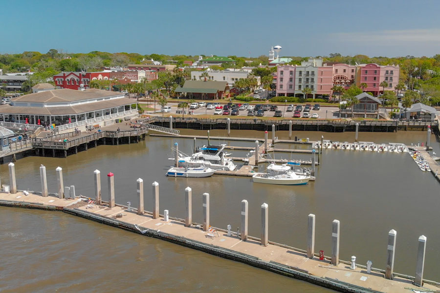 An aerial view of the coastline of Fernandina Beach, a famous attraction for tourists in Florida. 