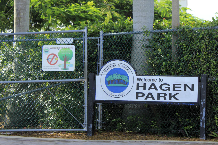 Wilton Manors Island City welcome to Hagen Park sign on the entrance gate. Wilton Manors, FL, on September 21, 2014.