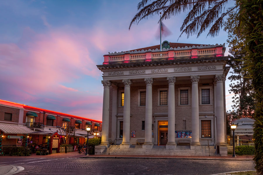 Hippodrome State Theatre in Downtown Gainesville at dusk with a beautiful sky. Editorial credit: H.J. Herrera / Shutterstock.com, licensed.