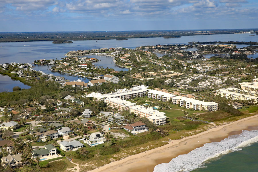 Aerial view of Johns Island in Indian River Shores, near Vero Beach on Hutchinson Island, just southeast of Fellsmere, Florida