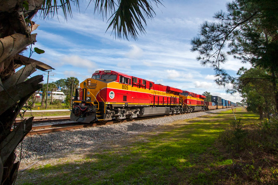 Florida East Coast Railway train 210 framed by palms. Bunnell, Florida, January 12 2015. Editorial credit: Drew Halverson / Shutterstock.com, licensed.