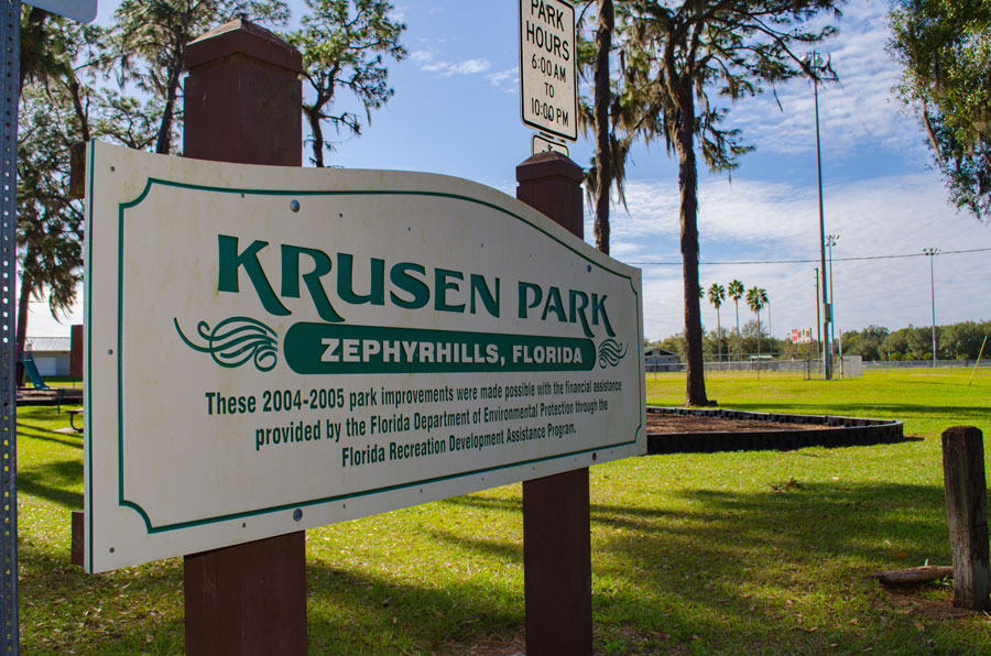 A sign in front of Krusen Park's 33-acre athletic facility that mixes large open area recreation with athletic facilities. Zephyrhills Florida