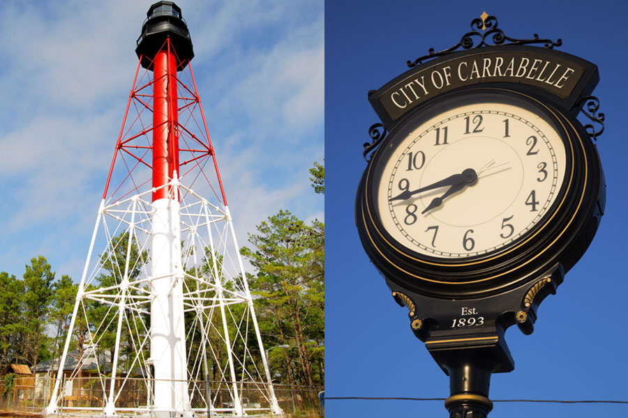 Lighthouse tower at Crooked River. The clock in the center of the small town of Carrabelle in Florida. Photo credits, ShutterStock.com, licensed.