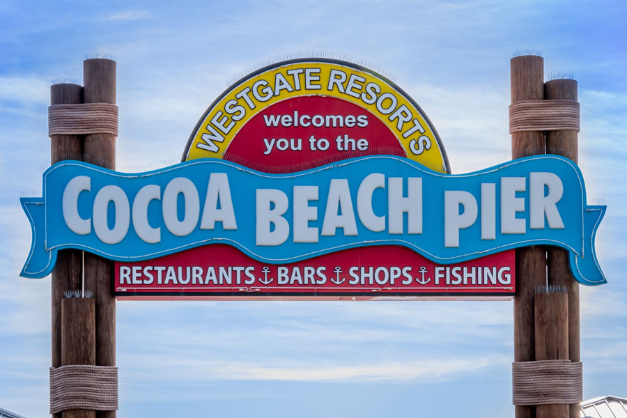 Historic Cocoa Beach Pier is 800 feet long and is home to restaurants, bars and gift shops. Cocoa Beach, Florida, on March 30, 2018. Editorial credit: Thomas Kelley / Shutterstock.com, licensed.