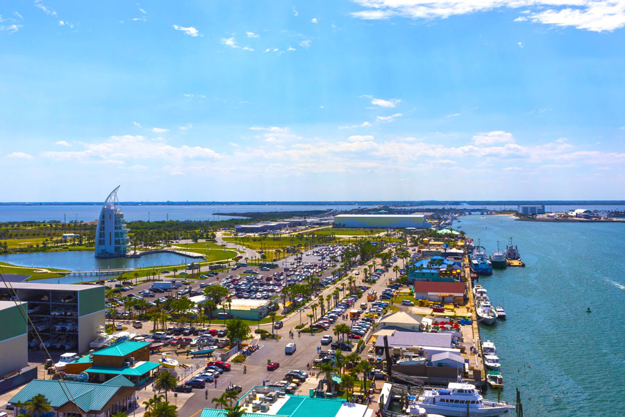 The arial view of port Canaveral from cruise ship, docked in Port Canaveral, Brevard County, Florida. 