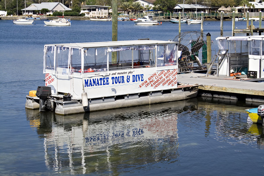 A tour boat on River takes tourist to see the Manatees, coastal homes in the background. Photo credit ShutterStock.com, licensed.