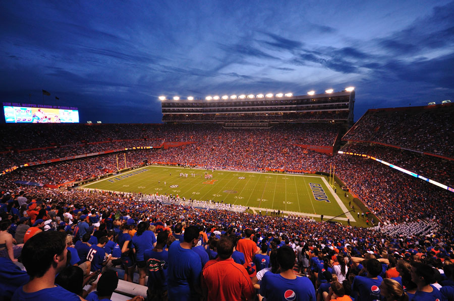 Over 80,000 people attend The University of Florida home opening game as the Gators host the Florida Atlantic in Ben Hill Griffin Stadium on September 3, 2011 in Gainseville, Florida. Editorial credit: Arkorn / Shutterstock.com, licensed.