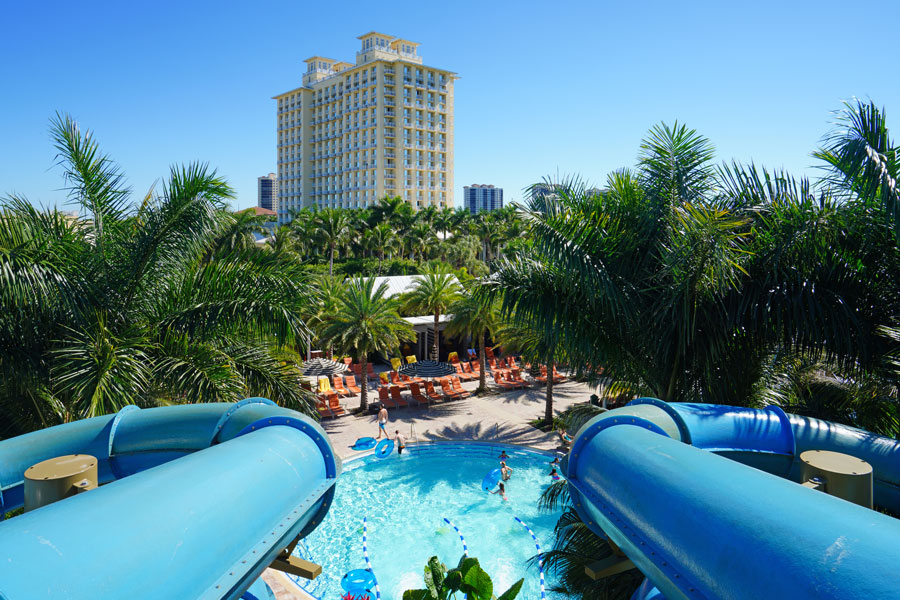 A giant aquatic water slide in a swimming pool at the Hyatt Regency Coconut Point Resort and Spa in Bonita Springs, Florida, close to Fort Myers. 