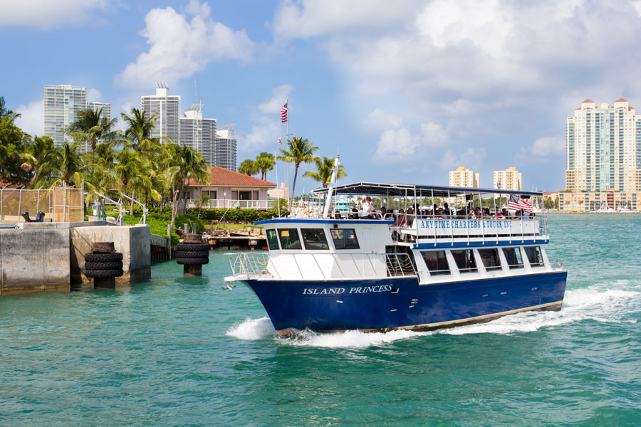 A sightseeing tour aboard the mini cruise ship the Island Princess in Biscayne Bay on August 26, 2014. Photo credit: Kamira, Shutterstock.com, licensed.