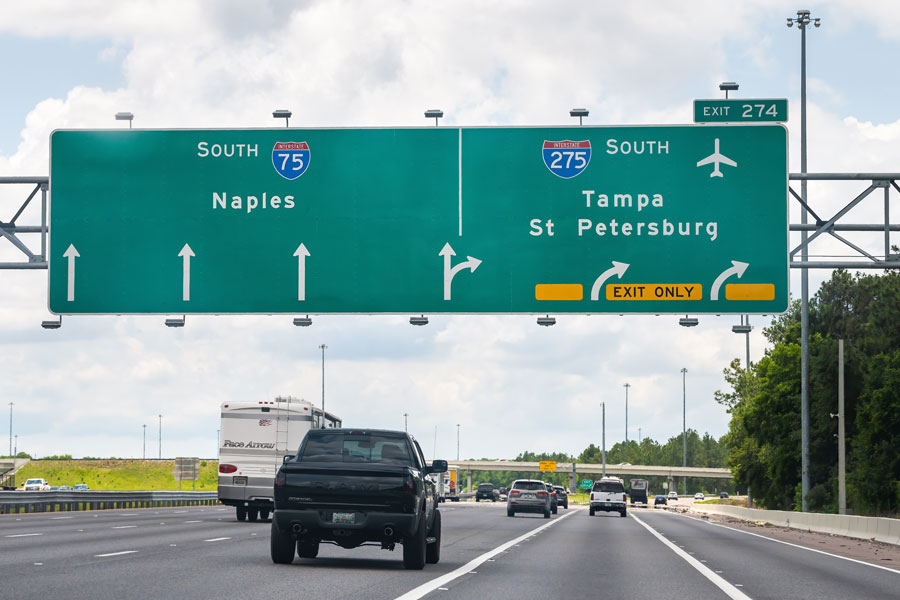 Naples, St Petersburg and Tampa exit sign to South 75 and 275 in Lutz Florida, fifteen miles north of Tampa. File photo: Andriy Blokhin, Shutterstock.com, licensed.