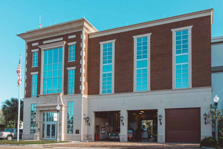 The City of Maitland Fire Rescue Department with fire rescue vehicles in downtown Maitland Florida.