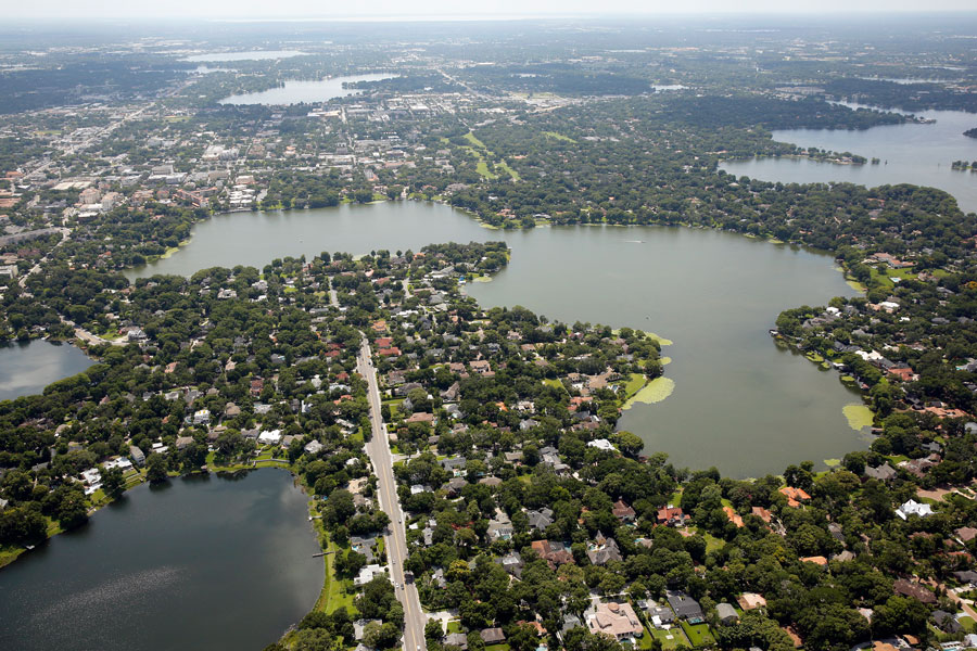 An aerial photo of Chain-of-Lakes and Lakefront Property in the Orlando, Winter Park and Maitland Florida areas. 