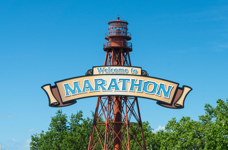 A welcome to Marathon sign on Route 1 along the Florida Keys. 