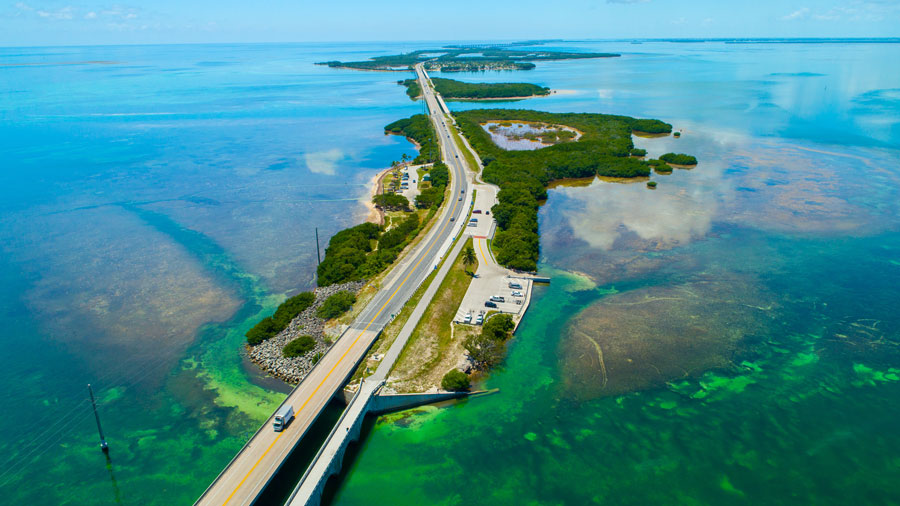 An aerial view of the beauty that awaits on the Seven Miles Bridge to Key West island from Marathon in the Florida Keys. 