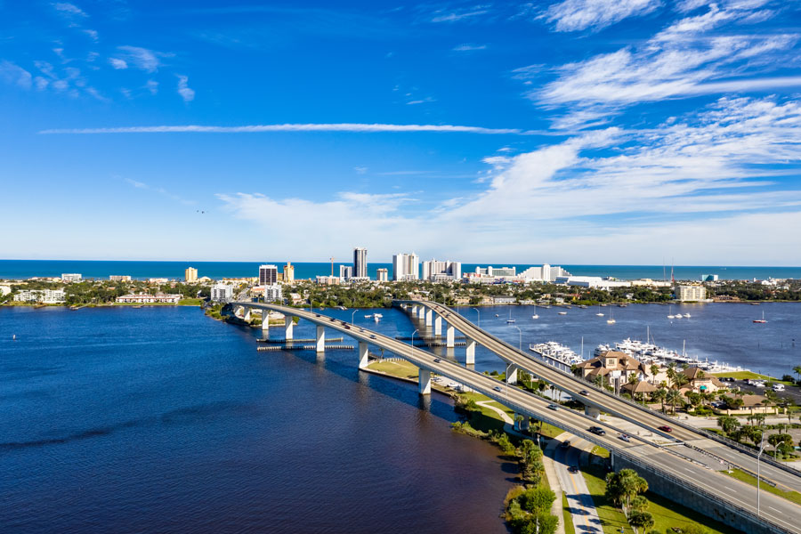 Aerial view of Daytona Beach and split bridges crossing the Halifax River. Photo credit ShutterStock.com, licensed.