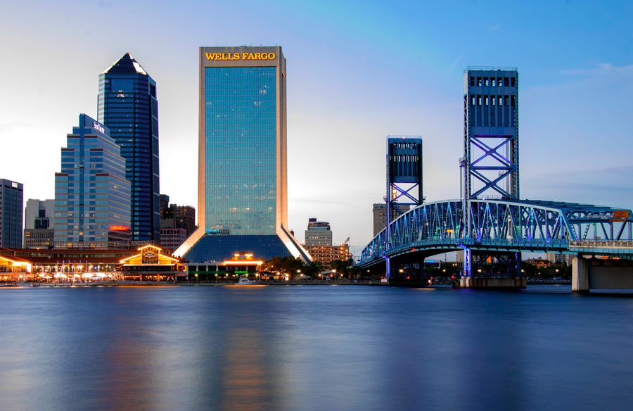 Downtown Jacksonville, Florida located near the intersection of Independent Drive and Laura Street, along the Jacksonville Riverwalk.