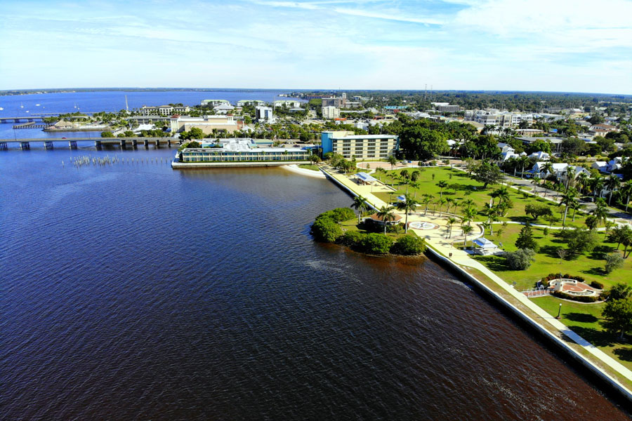 An aerial view of the Gilchrist Park and Gilchrist Bridge in Punta Gorda, Florida, on December 4, 2018. 