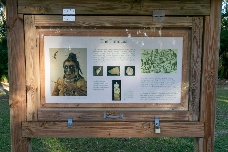 A historical information board for visitors at Tomoka State Park in Ormond Beach, FL on January 9, 2020. Photo credit ShutterStock.com, licensed.