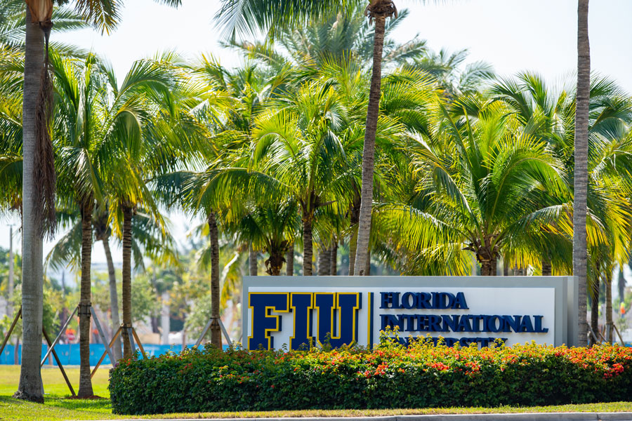 Florida International University campus entrance sign in North Miami, Florida on April 4, 2020. 