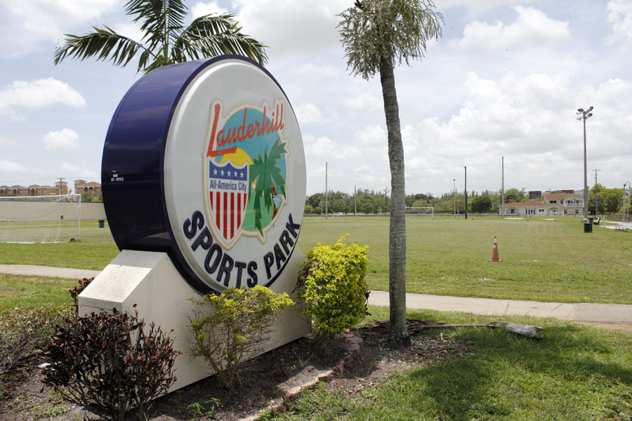 The entrance sign for the Lauderhill Sports Park in front of the soccer field in Lauderhill, Florida, an All-American City. 