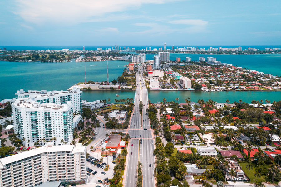 A birds eye view looking out on to North Miami Beach in Florida on July 5, 2018. 