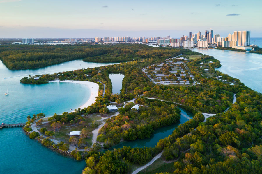 An aerial view of Oleta River State Park, Halouver and Sunny Isles in Miami, Florida.