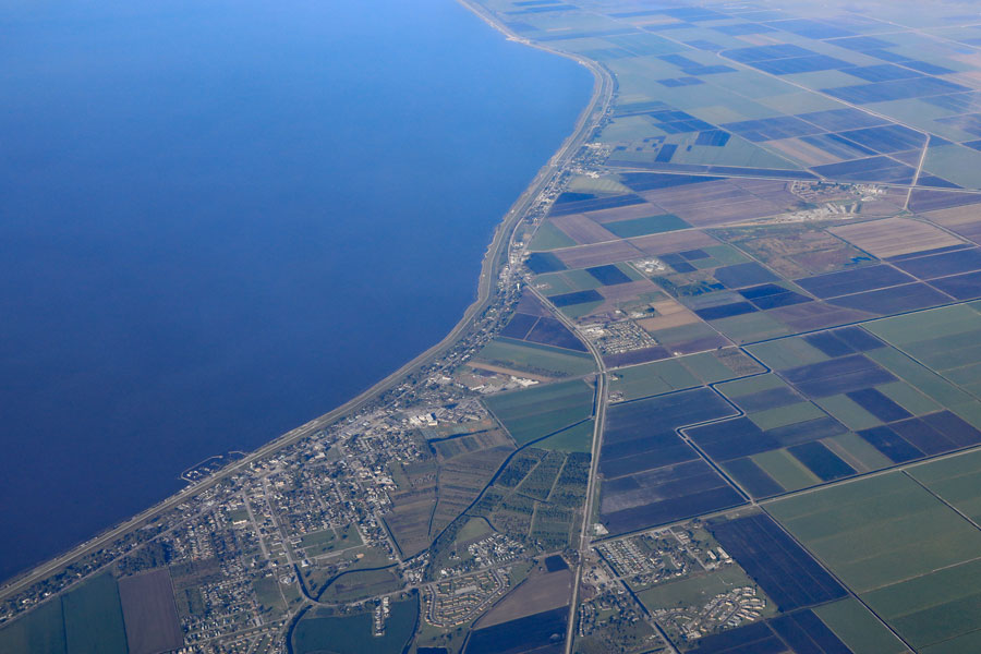 An aerial view of the Town of Pahokee, as well as Canal Point and Bryant on the shore of Lake Okeechobee. 