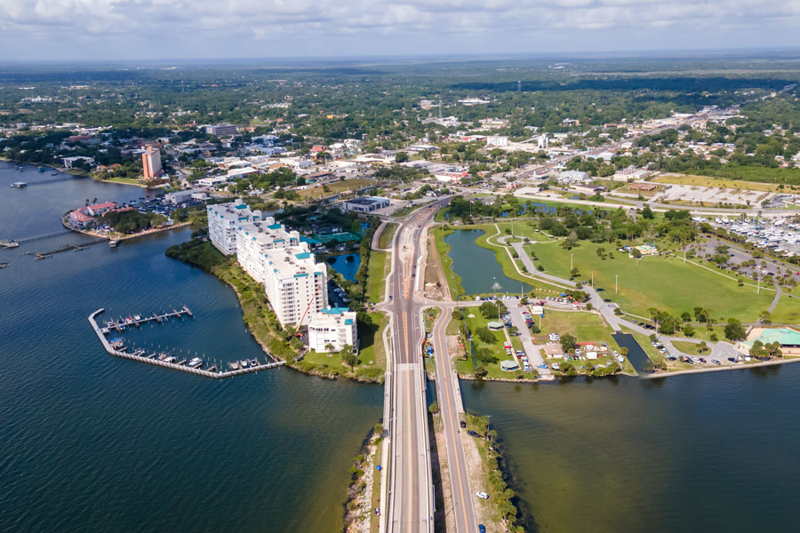 An Aerial View on Titusville City, A. Max Brewer Bridge, Space View Park, Sand Point Park looked like Saturday morning before the launch Test Flight of SpaceX Crew. 