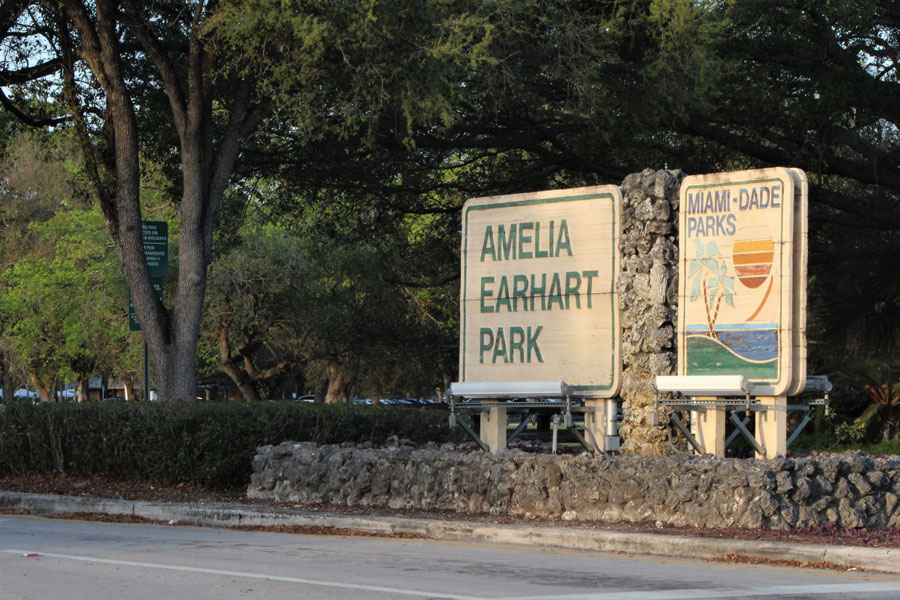 Close-up entrance sign for Amelia Earhart Park in Miami Dade County in Hialeah, Florida on February 19, 2021. File photo: Blueee77, Shutterstock.com, licensed.