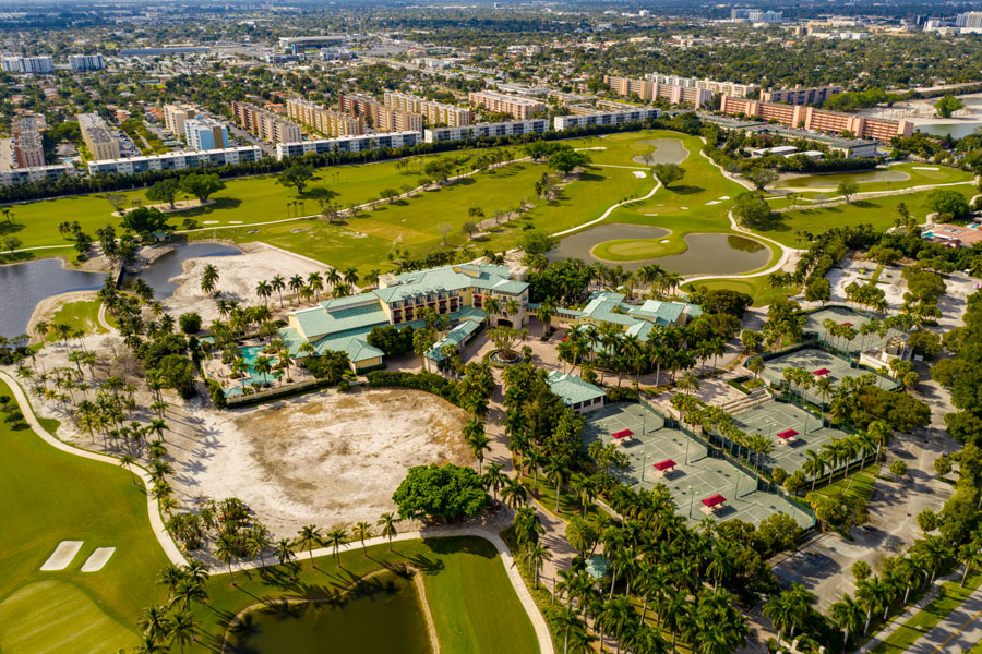 The Diplomat Golf Resort & Spa is Hallandale Beach, On an 18-hole golf course, this upscale resort with views of the Intracoastal Waterway is a mile from US-1, 3 miles from Hollywood Beach, and 4 miles from the high-end shops at Aventura Mall.