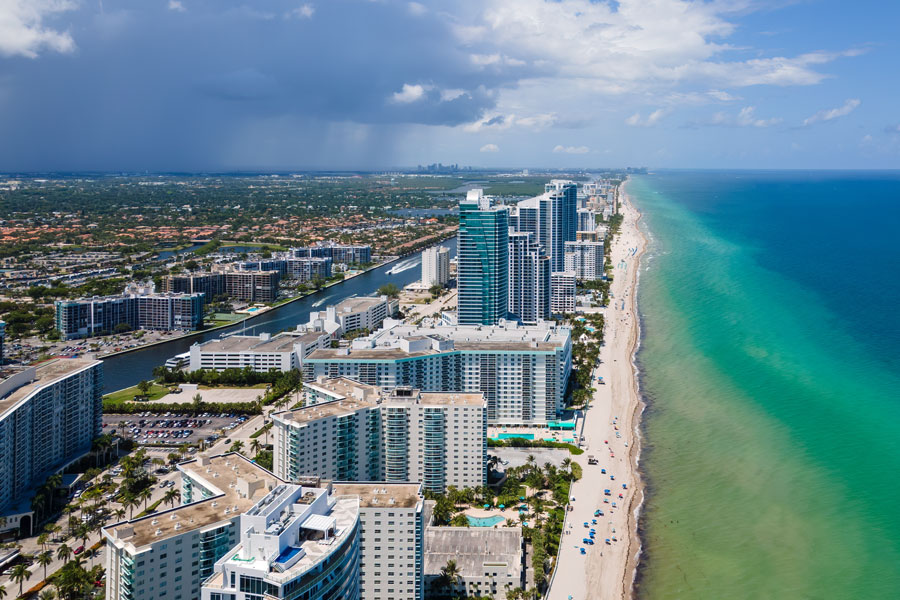 An aerial view of Hallandale Beach with a top view of skyscrapers and buildings on August 15, 2020. File photo credit: YES Market Media, Shutterstock.com, licensed.