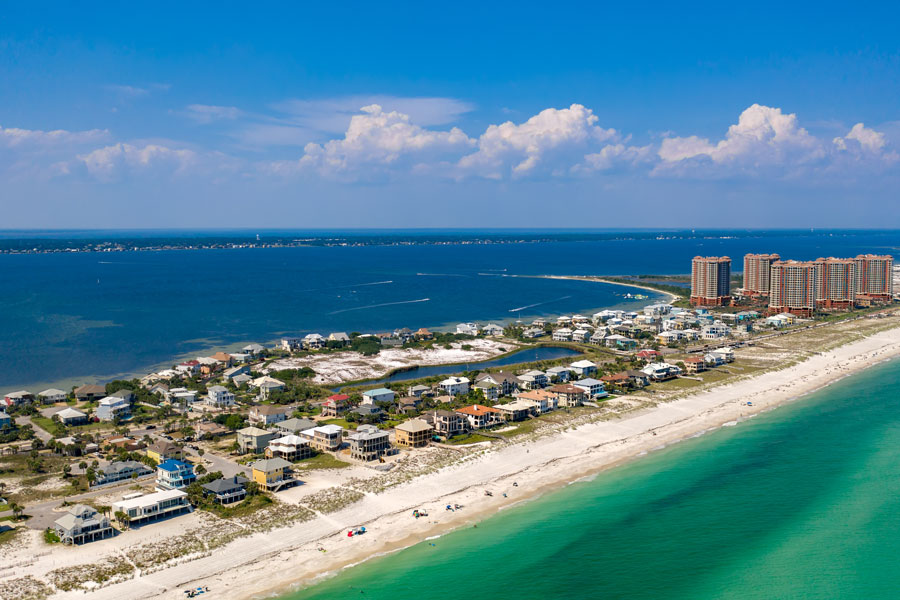 An aerial view of the Coastline of Pensacola Beaches. Photo credit ShutterStock.com, licensed.