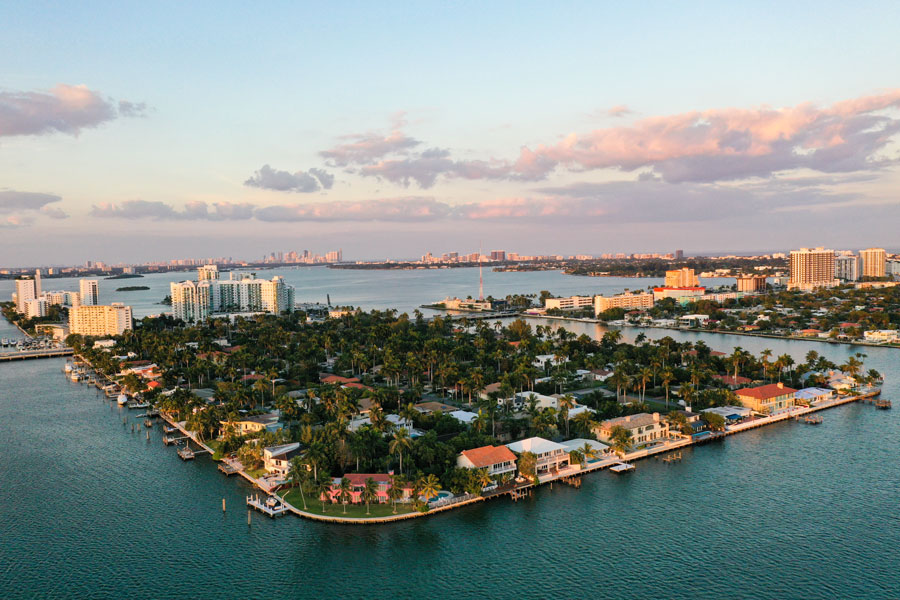 A birds eye view of the tiny two Islands that make up North Bay Village in the Miami area of South Florida. 