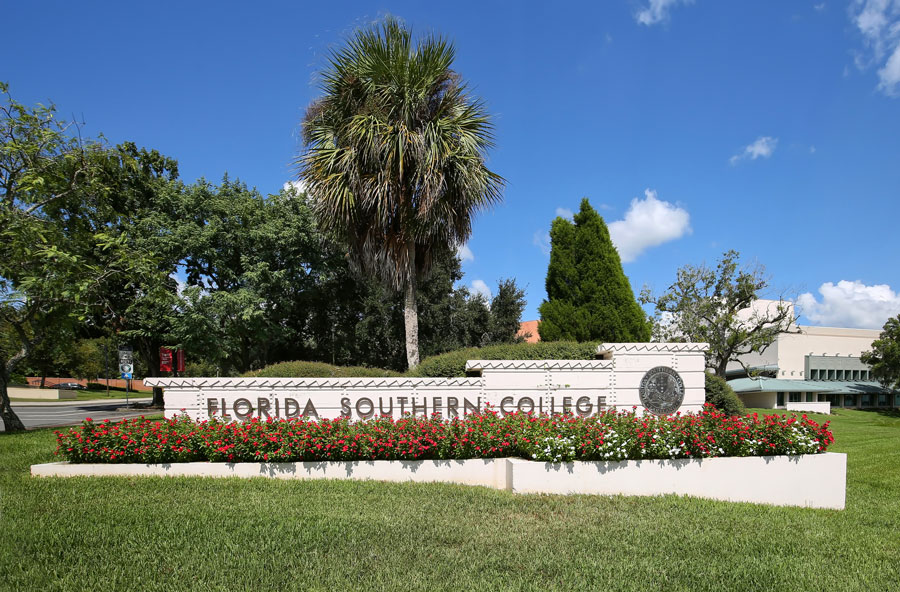 Florida Southern College name in stone borders the college. In 2012 the campus was voted the most beautiful campus by The Princeton Review, as seen on October 6, 2018.