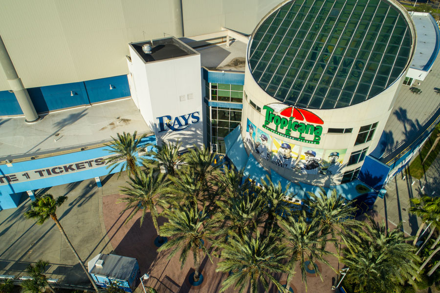 Drone photo of Tropicana Field sports stadium ticket entrance