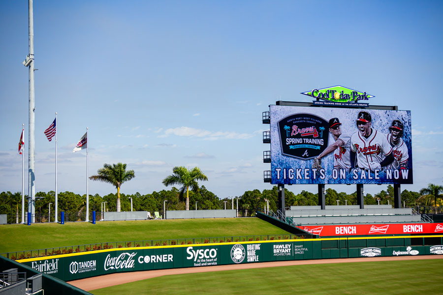 The left field berm and scoreboard at the new Atlanta Braves spring training baseball facility in Florida is shown. 