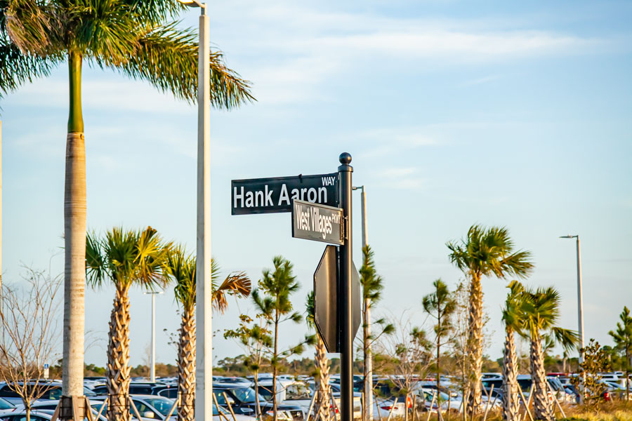 Street sign honoring Hank Aaron outside of the Atlanta Braves Spring training facility, Cool Today Park. North Port FL March 9, 2020.