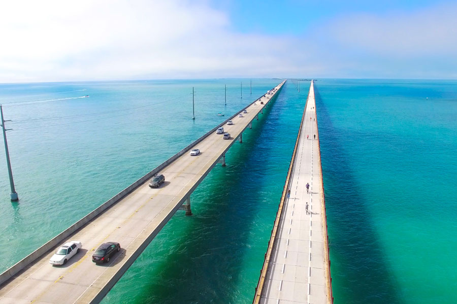 An aerial view of the Seven Mile Bridge in the Florida Keys