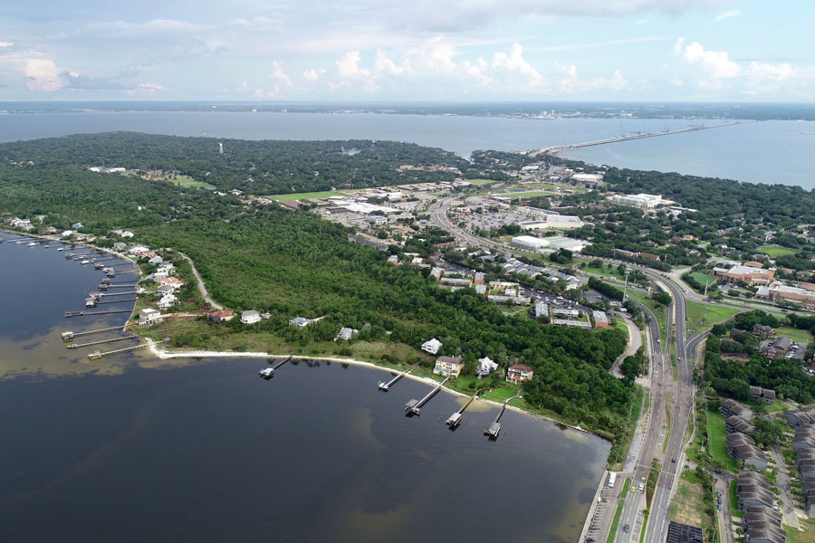 The whole town of Gulf Breeze in the view at the Fairpoint peninsula on the Gulf of Mexico in Gulf Breeze, Florida. 