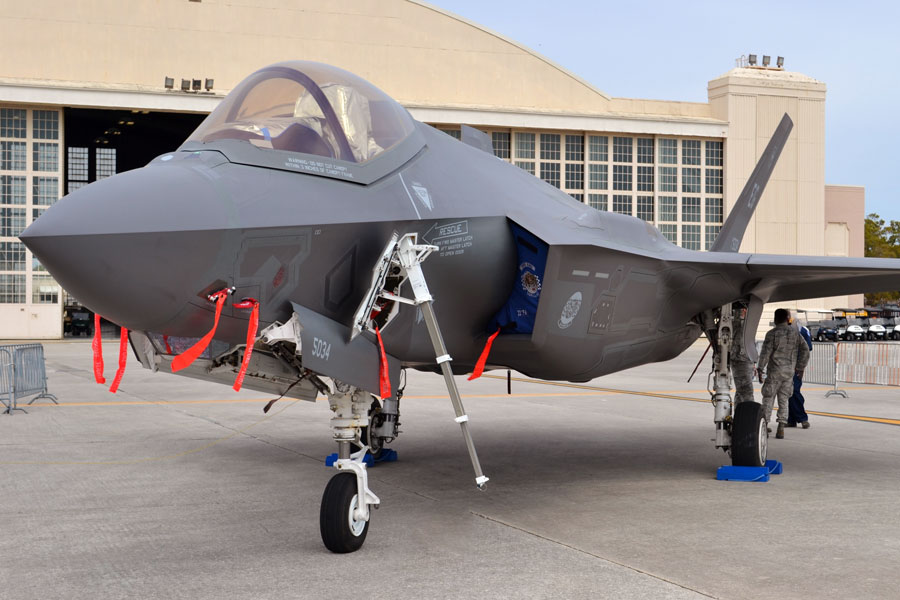 A U.S. Air Force F-35 Joint Strike Fighter (Lightning II) jet at MacDill Air Force Base. This F-35 is assigned to the 33rd Fighter Wing from Eglin Air Force Base.