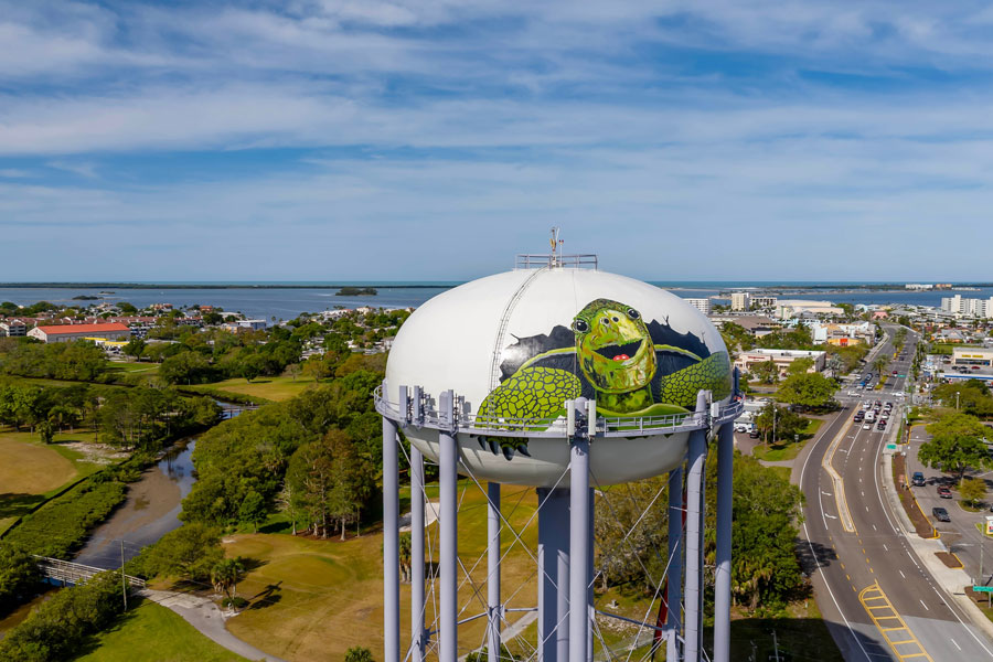 Aerial gaze unveils vibrant painted turtles adorning the iconic Dunedin water tower, adding color and charm to the Florida skyline. 