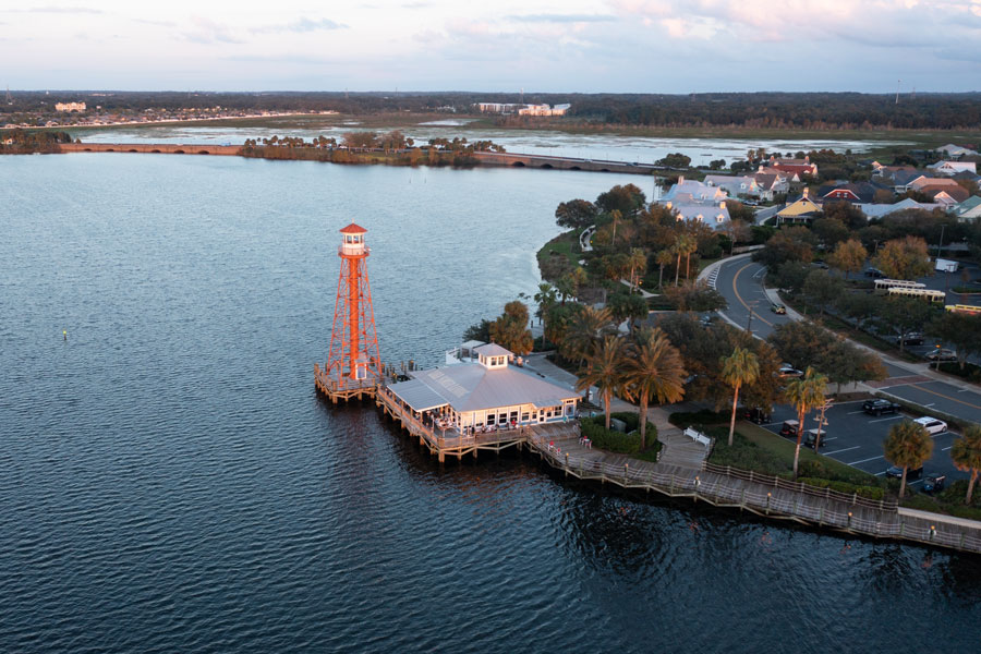 A drone view over the Lighthouse at Lake Sumter Landing. 