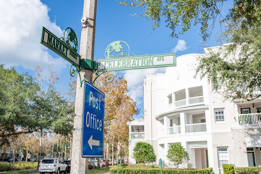 Market Street and Celebration Avenue street signs in the city of Celebration, Florida